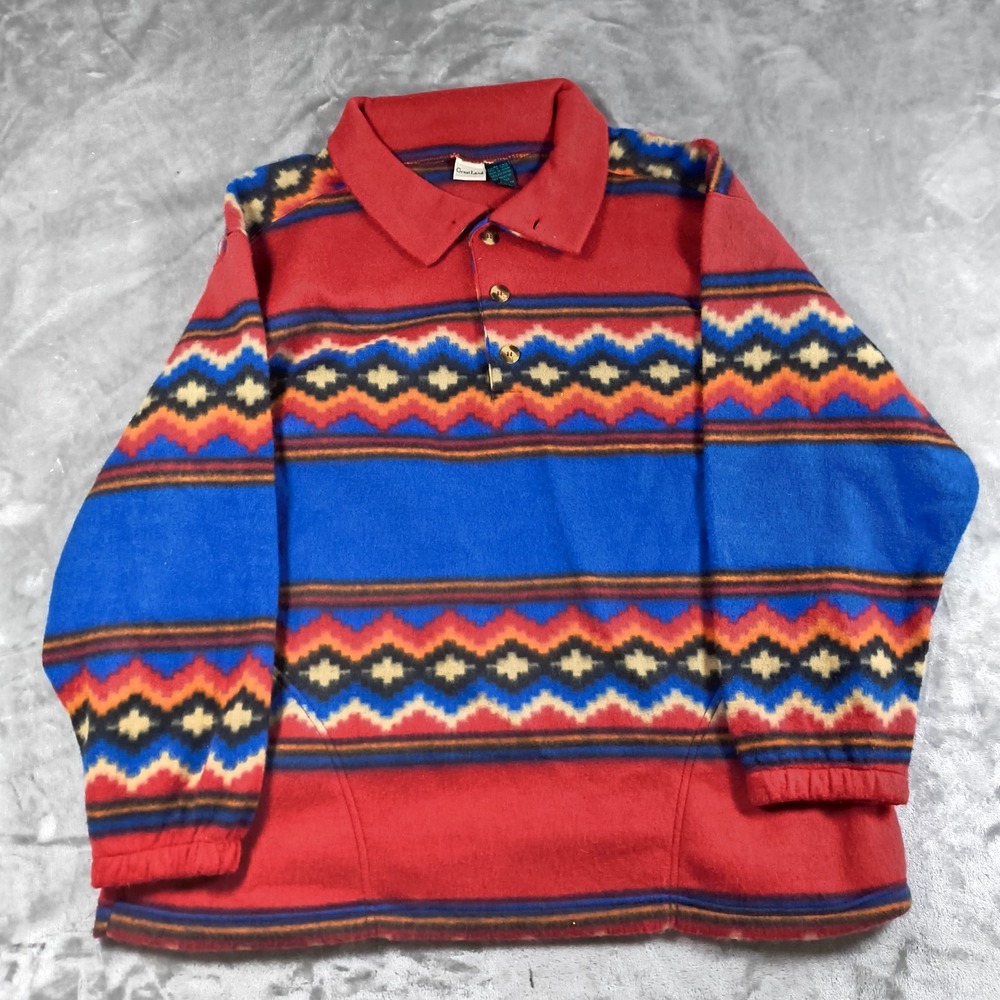 Vintage Greatland Fleece Sweater Men XL Red Aztec Striped Southwest 90s Colorful